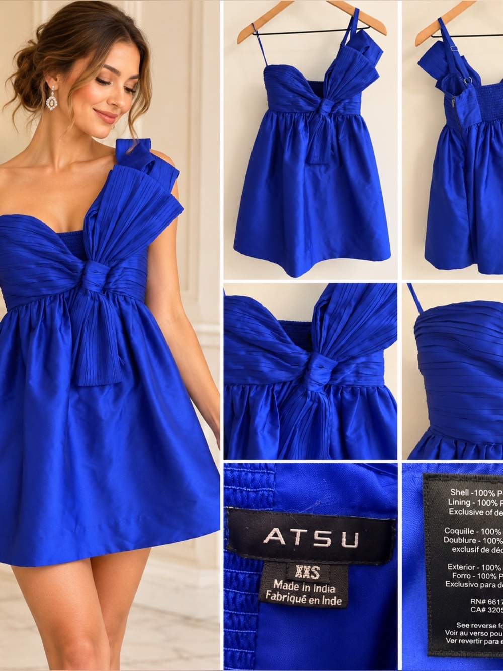 Atsu Cobalt Blue Satin One Shoulder Pleated Mini Dress Size XS